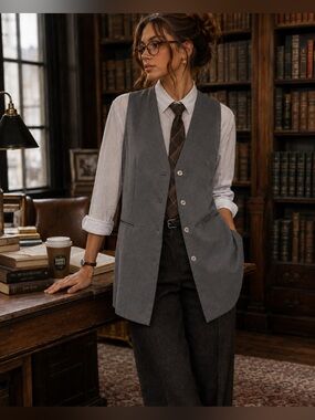 Studio Charcoal Gray Button-Front Sleeveless Vest